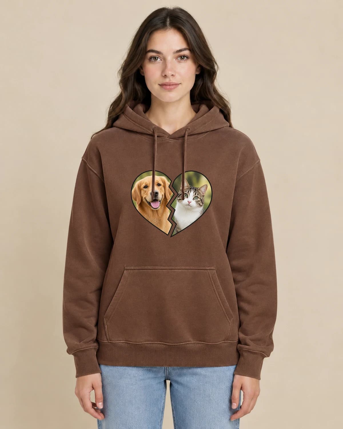 The whole fur family: Pet Duo Heart hoodie design; Brown styling