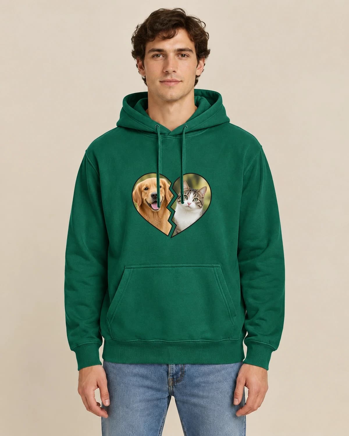 Pet Duo Heart, men's styling of the same unisex hoodie