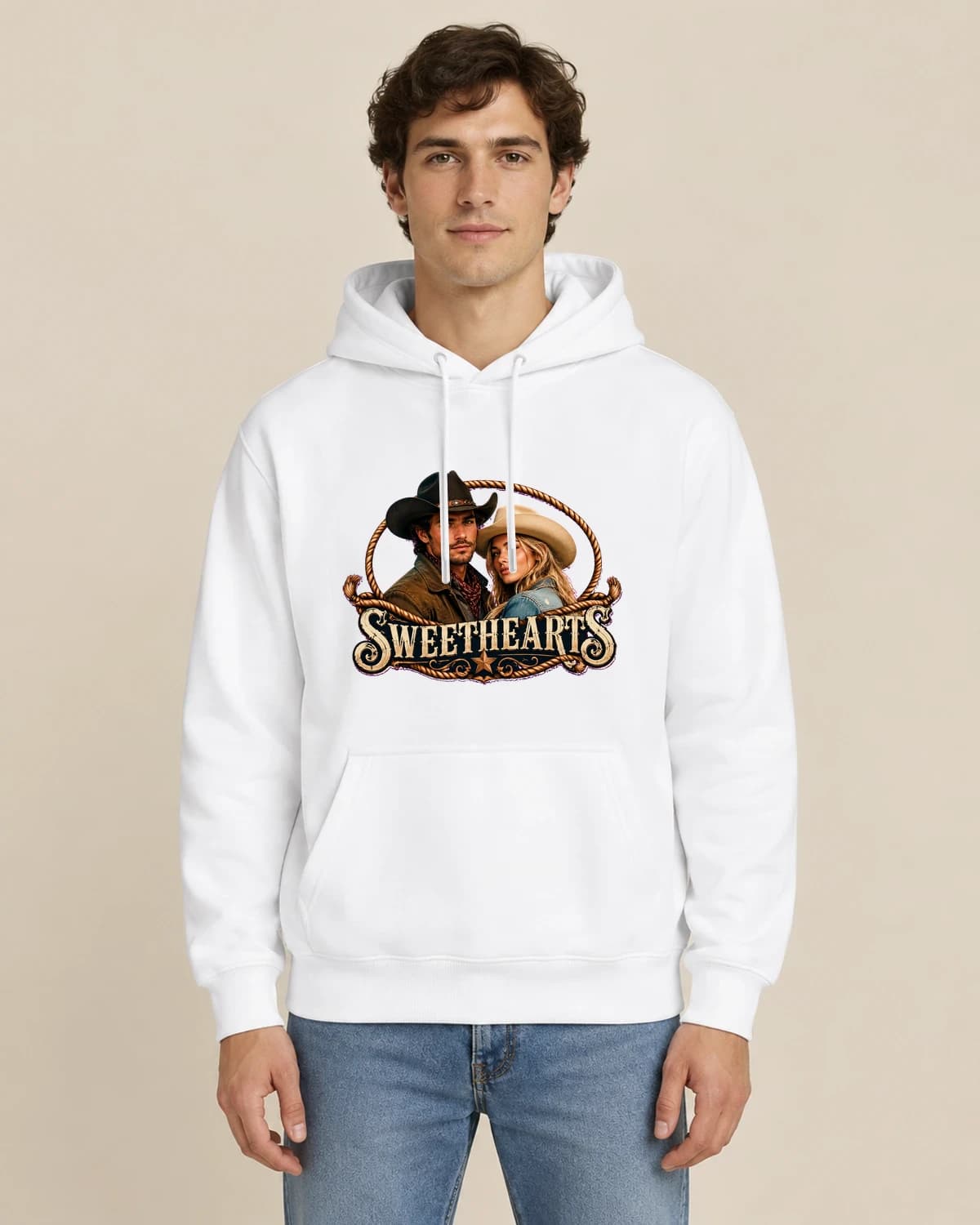 Western Sweethearts, men's styling of the same unisex hoodie