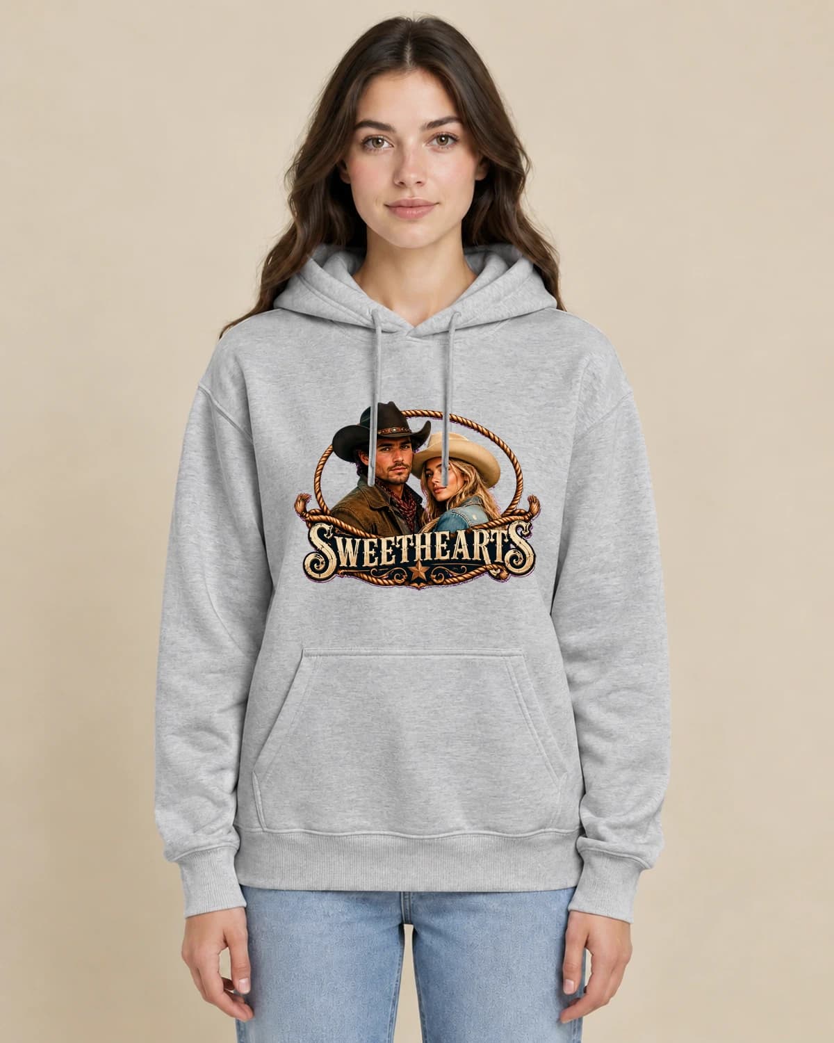 Western Sweethearts on a woman wearing the classic unisex pullover; illustrative styling