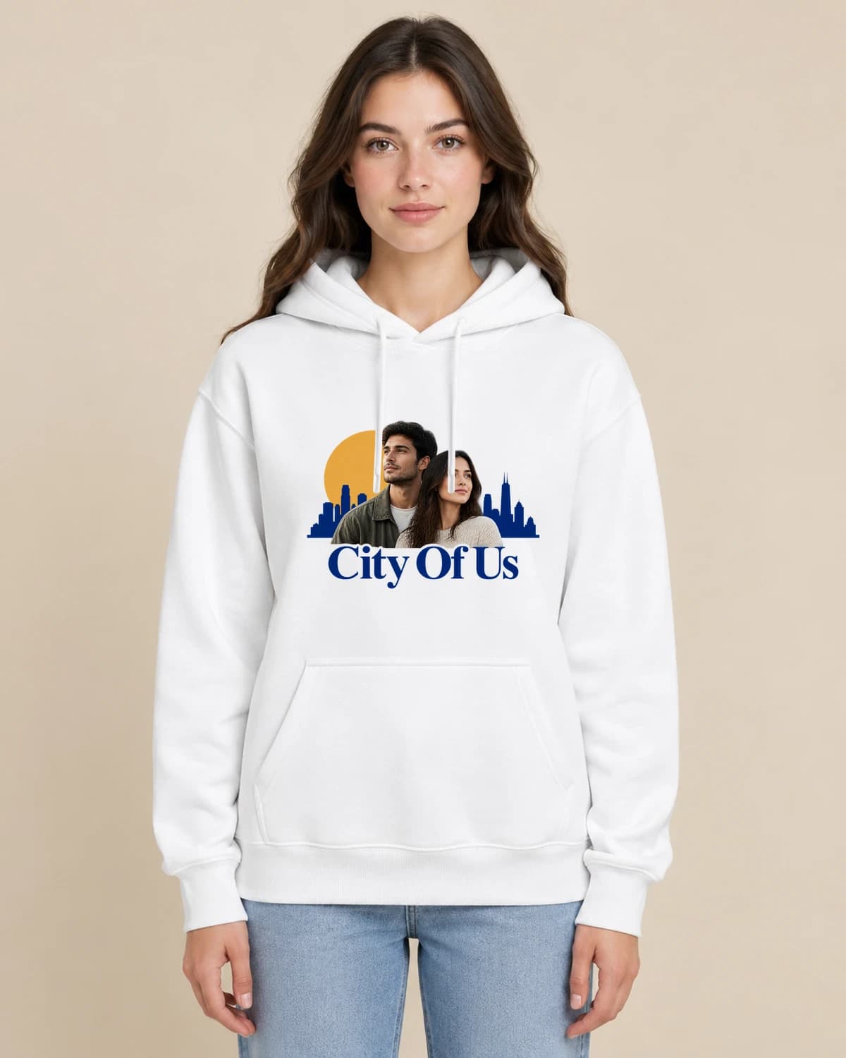 City Of Us on a woman wearing the classic unisex pullover; illustrative styling