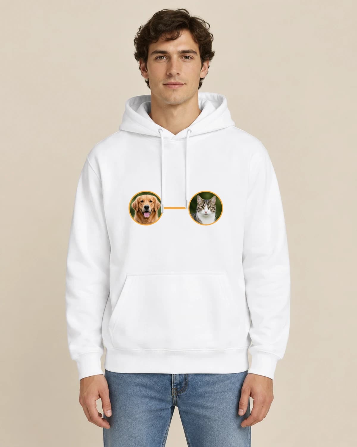 Pet Pair Diptych, men's styling of the same unisex hoodie
