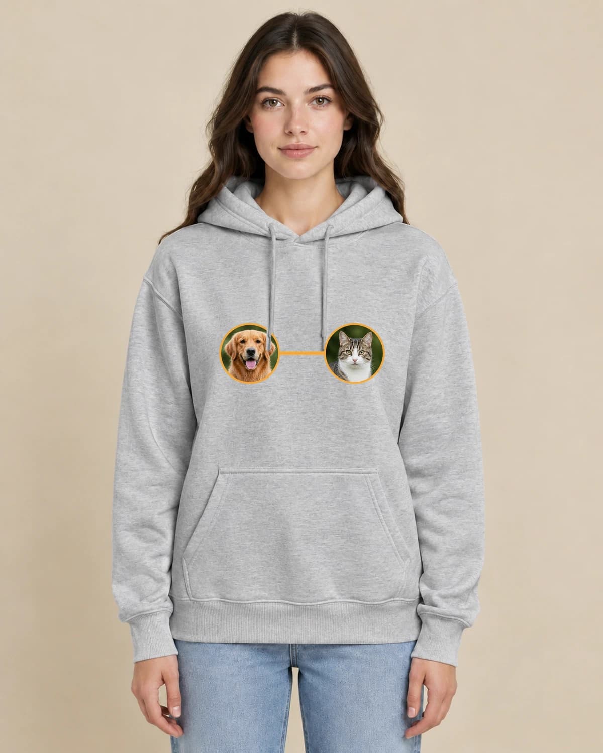 Pet Pair Diptych on a woman wearing the classic unisex pullover; illustrative styling
