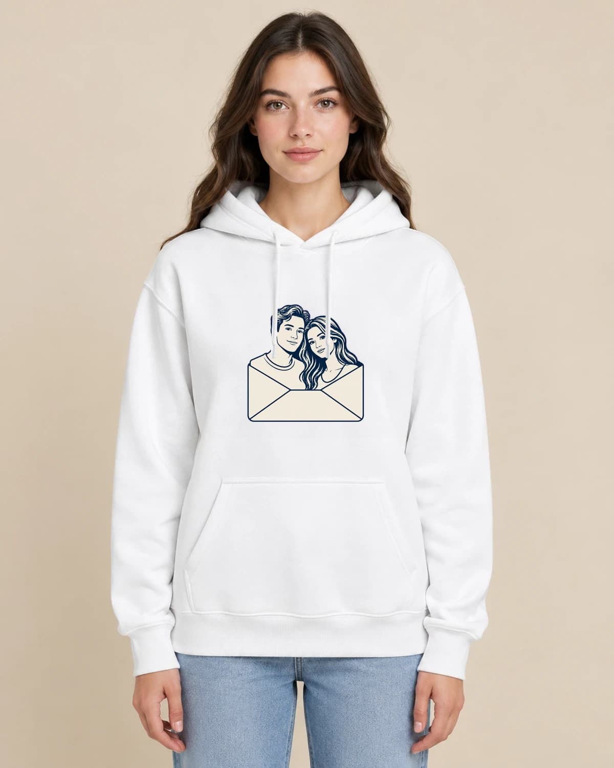 Love Letter Portraits on a woman wearing the classic unisex pullover; illustrative styling