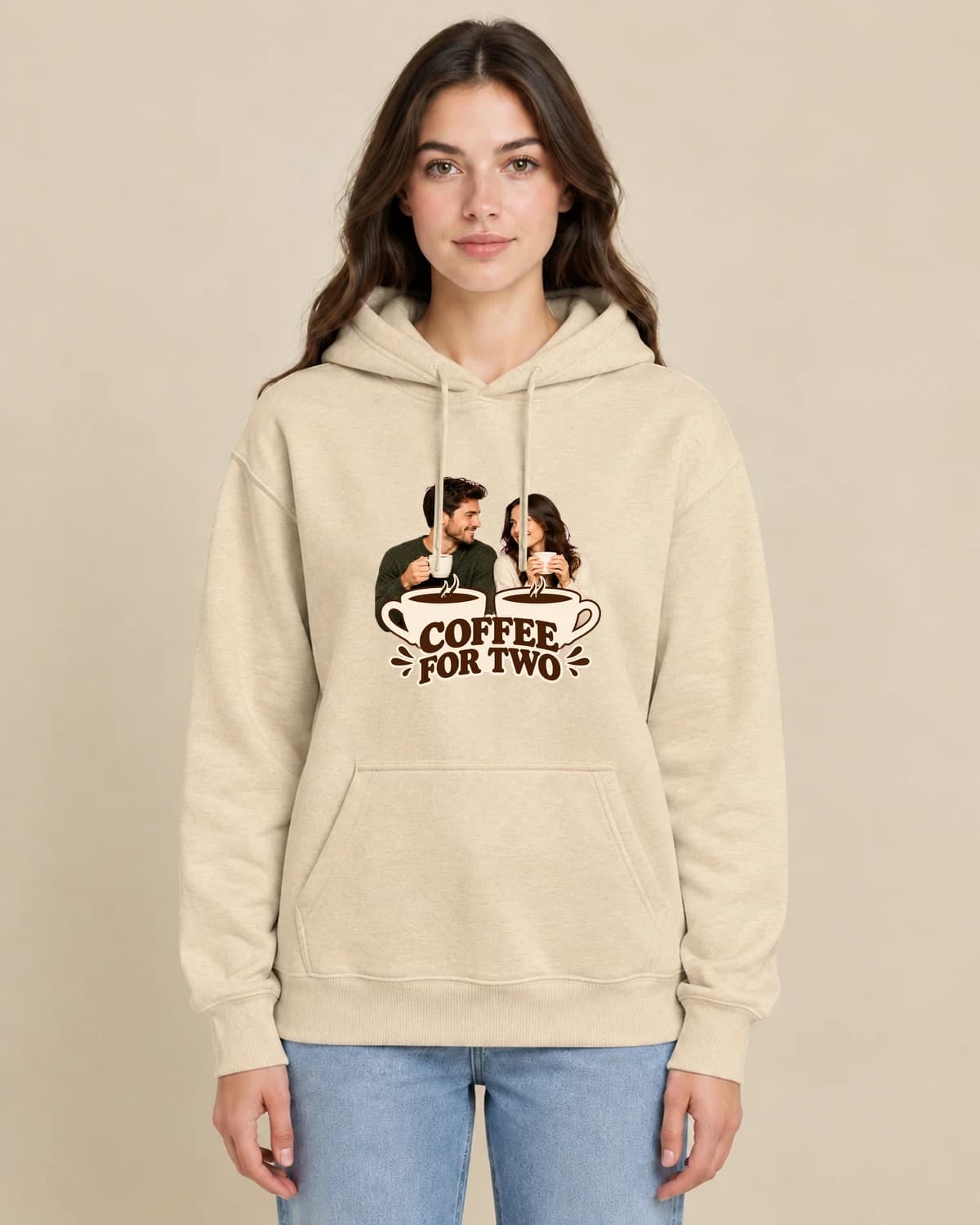 Coffee For Two on a woman wearing the classic unisex pullover; illustrative styling