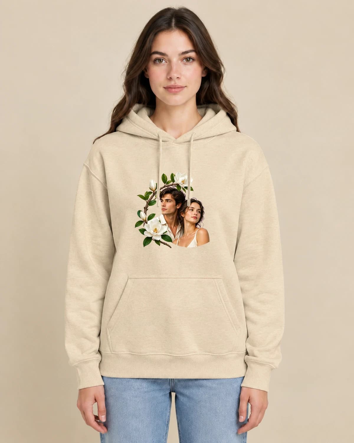 Garden Vow Cameo on a woman wearing the classic unisex pullover; illustrative styling