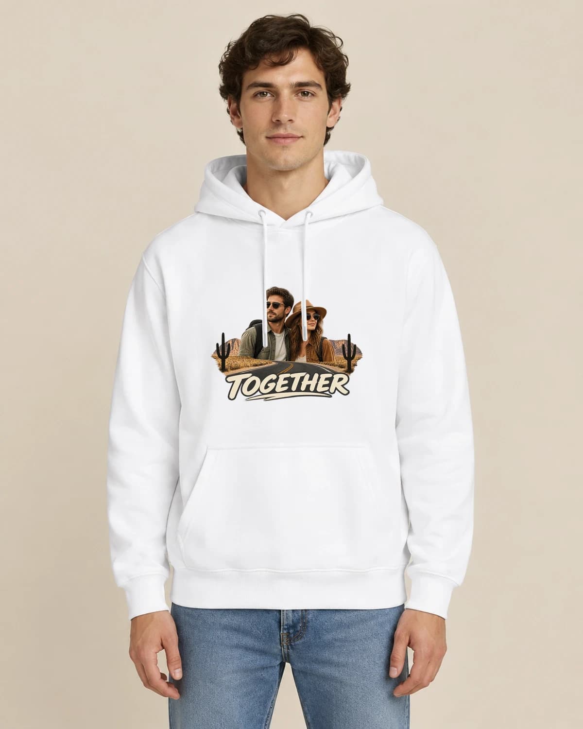 Desert Road Together, men's styling of the same unisex hoodie