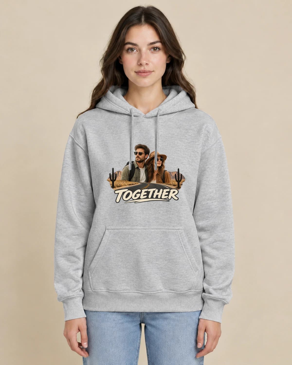 Desert Road Together on a woman wearing the classic unisex pullover; illustrative styling