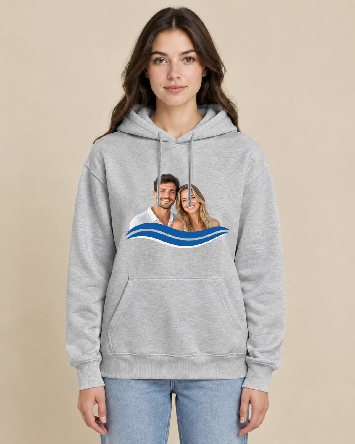 Coastal Couple Story on a woman wearing the classic unisex pullover; illustrative styling