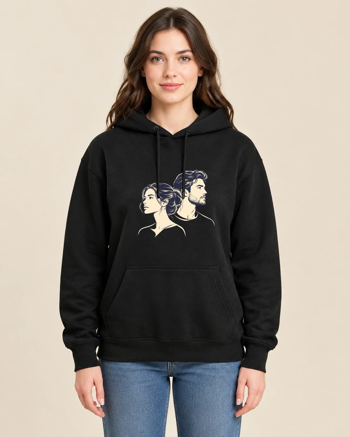 Couple Ink Duet on a woman wearing the classic unisex pullover; illustrative styling