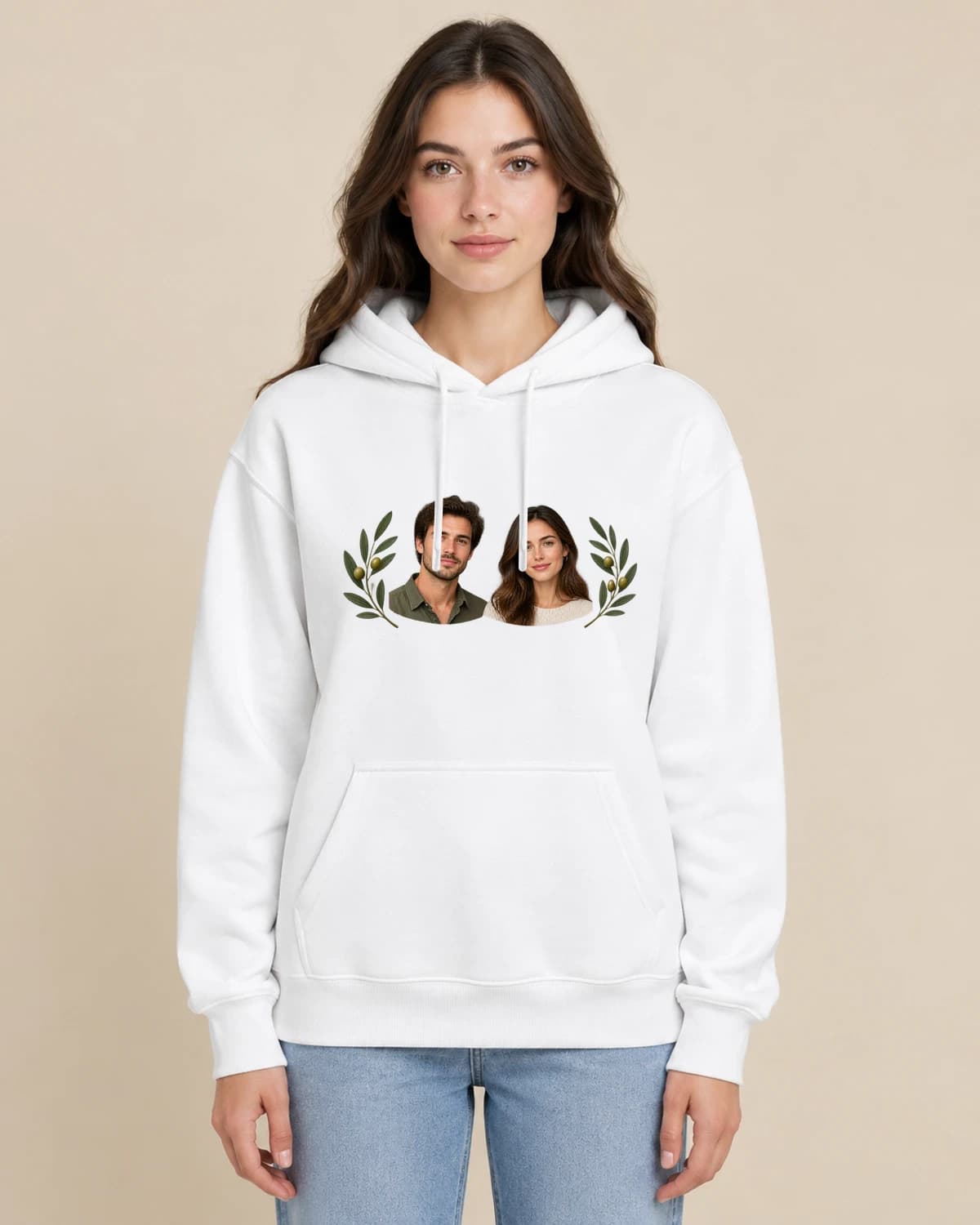 Olive Branch Partners on a woman wearing the classic unisex pullover; illustrative styling