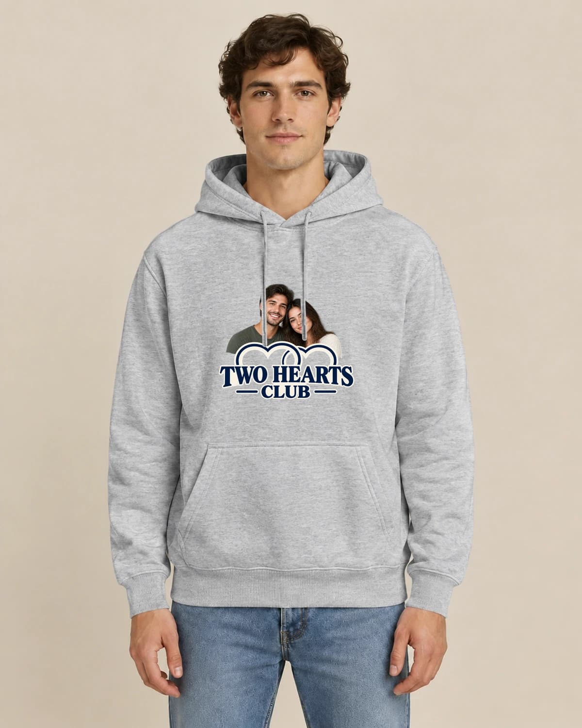 Two Hearts Club, men's styling of the same unisex hoodie