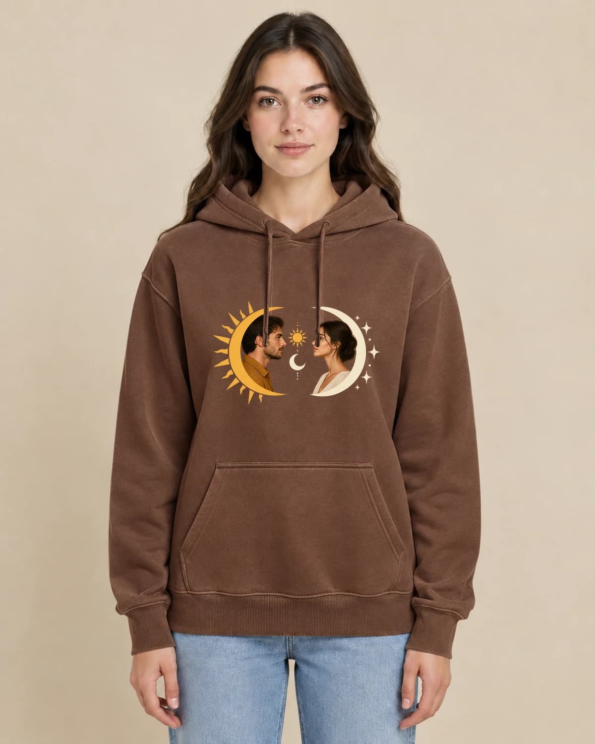 Sun And Moon Partners on a woman wearing the classic unisex pullover; illustrative styling