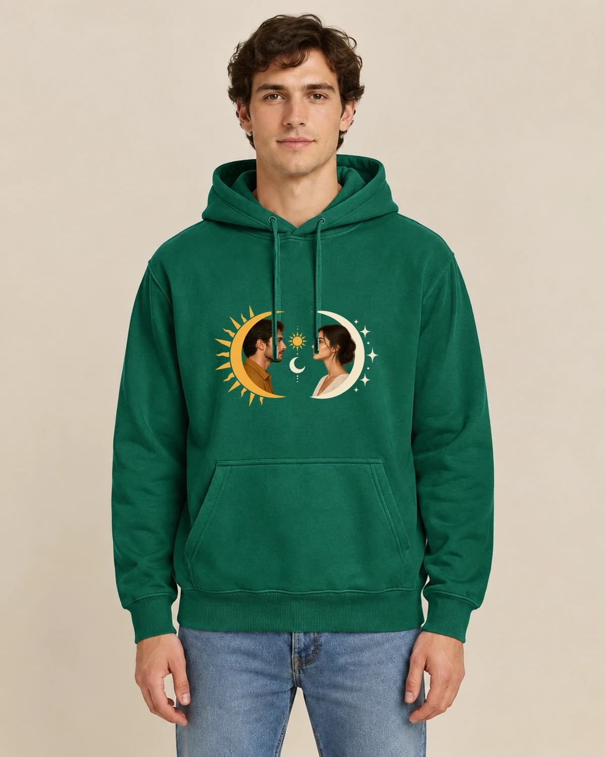 Sun And Moon Partners, men's styling of the same unisex hoodie