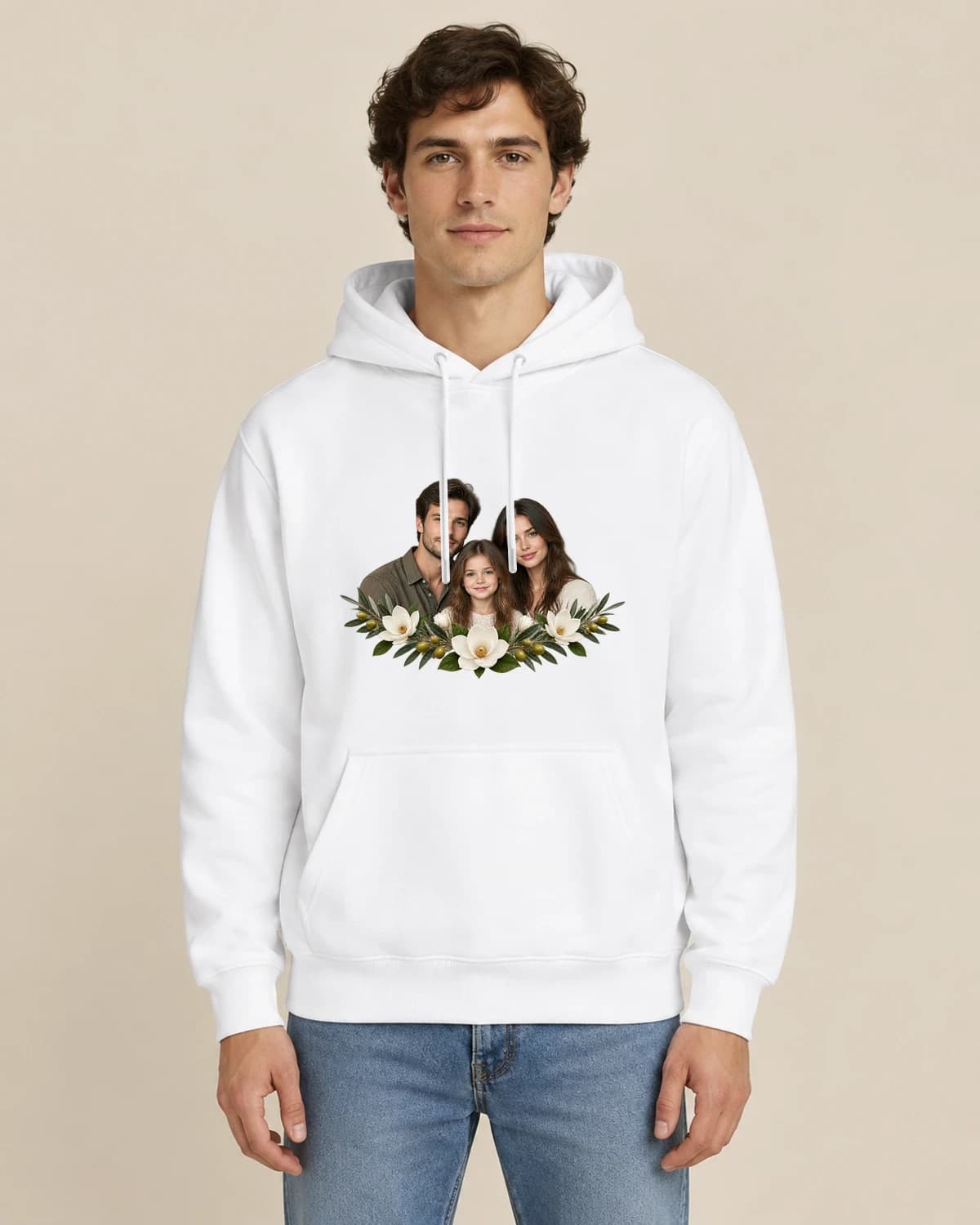 Family Garden Trio, men's styling of the same unisex hoodie