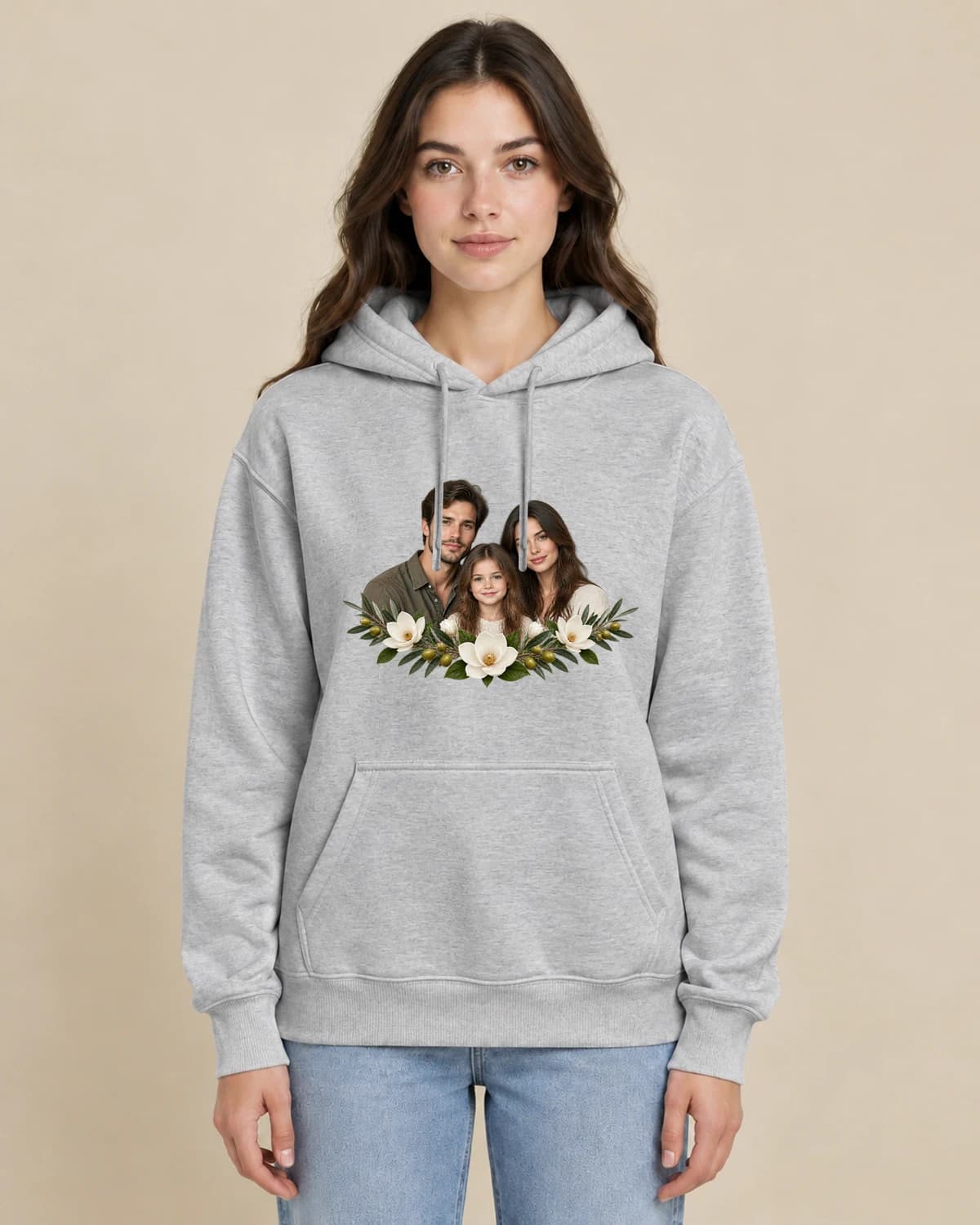Family Garden Trio on a woman wearing the classic unisex pullover; illustrative styling