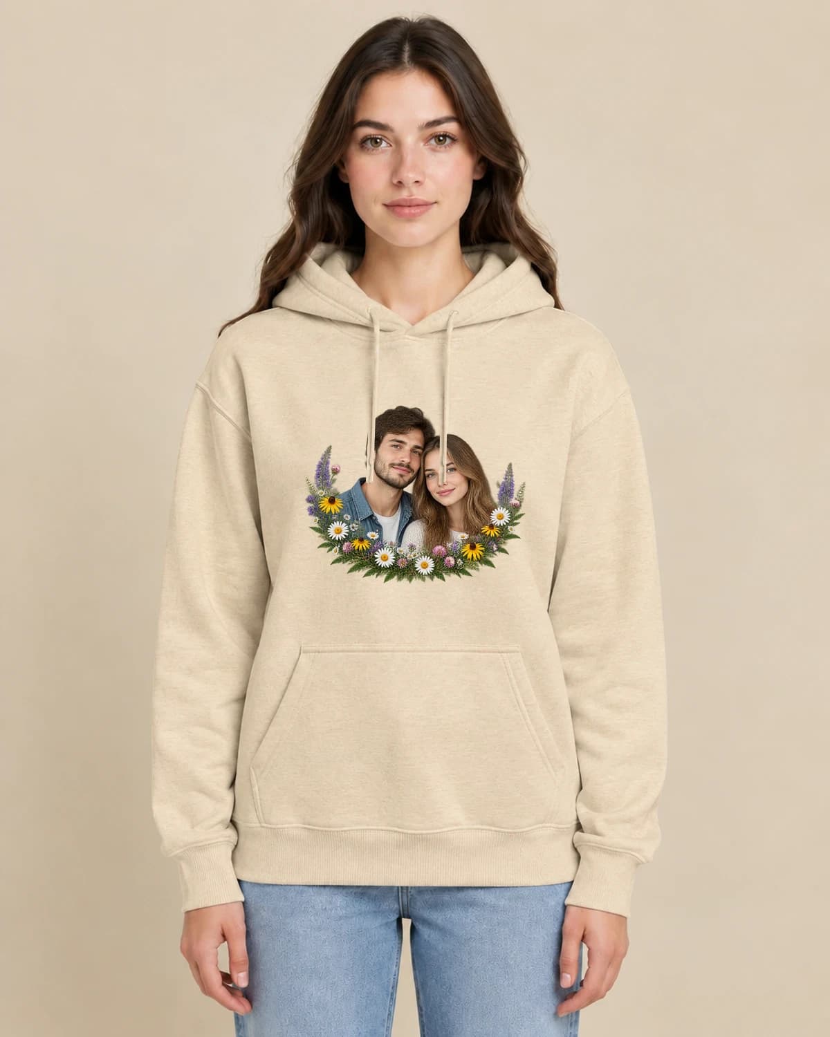 Wildflower Promise on a woman wearing the classic unisex pullover; illustrative styling