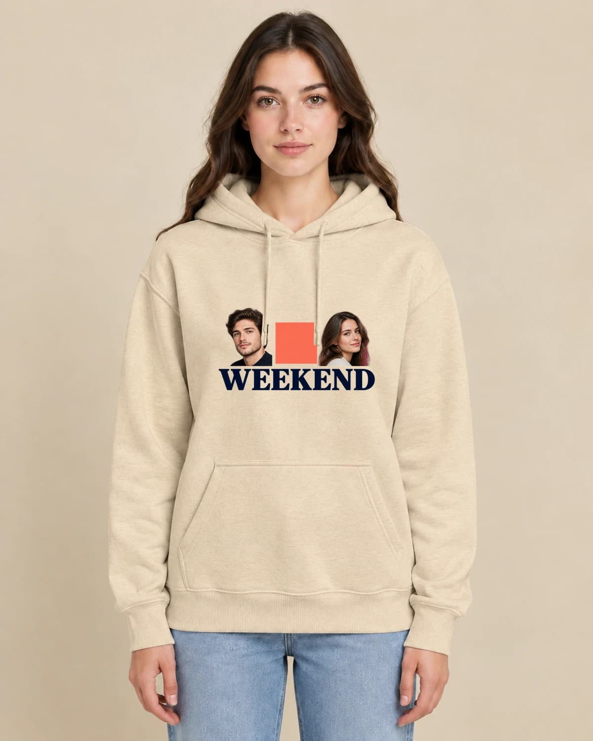 Our Weekend Edition on a woman wearing the classic unisex pullover; illustrative styling