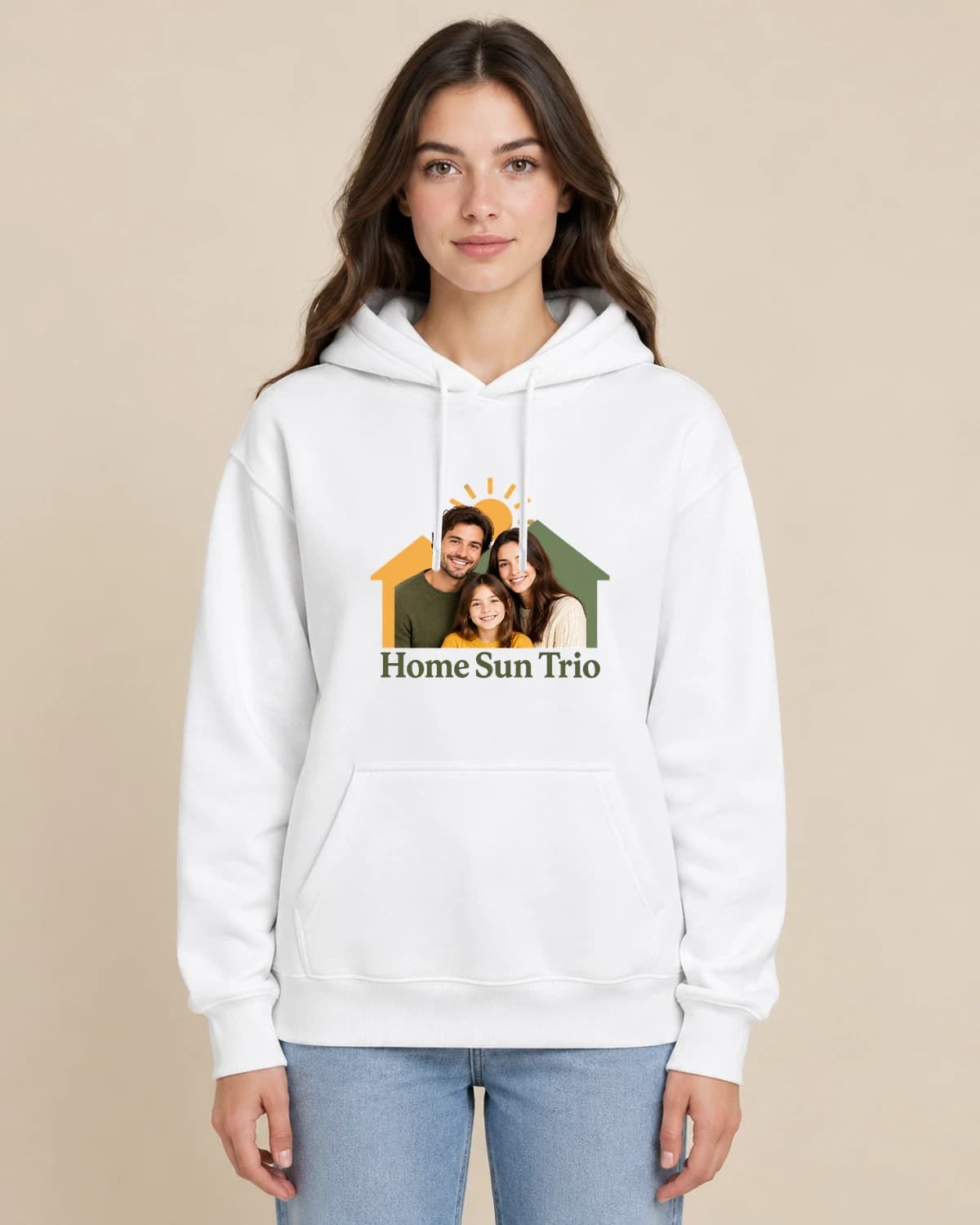 Home Sun Trio on a woman wearing the classic unisex pullover; illustrative styling