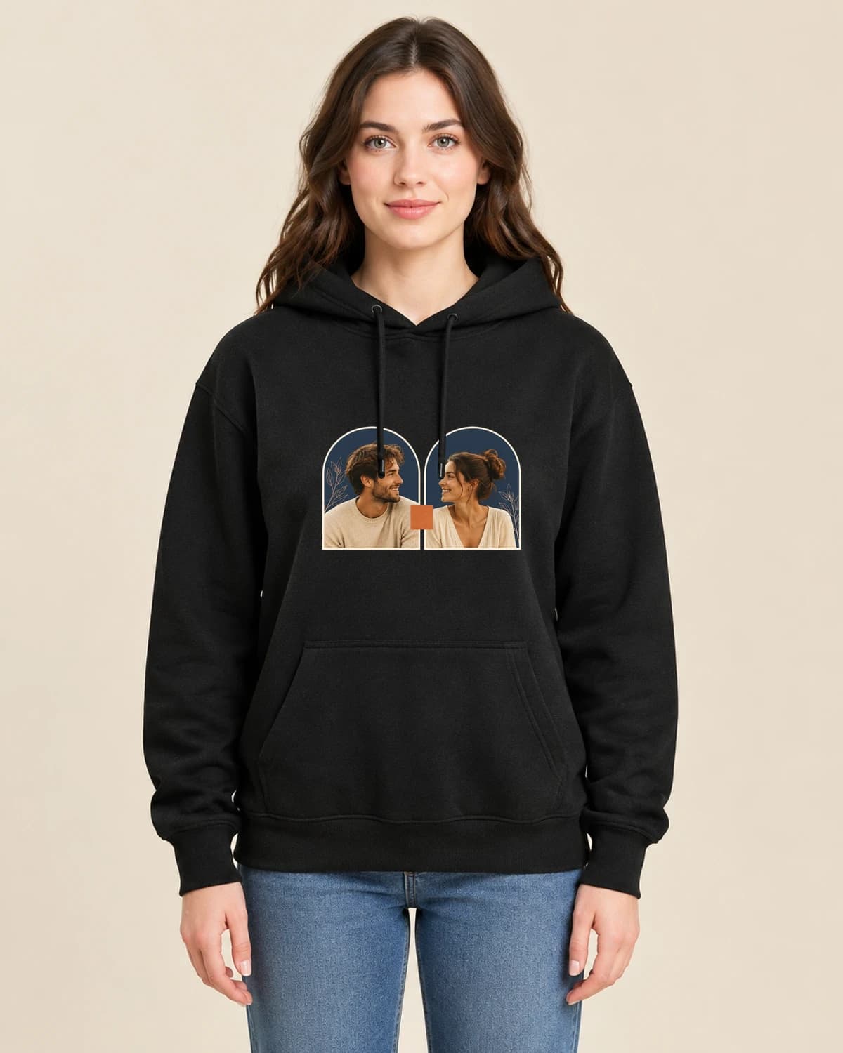 Couple Window Study on a woman wearing the classic unisex pullover; illustrative styling