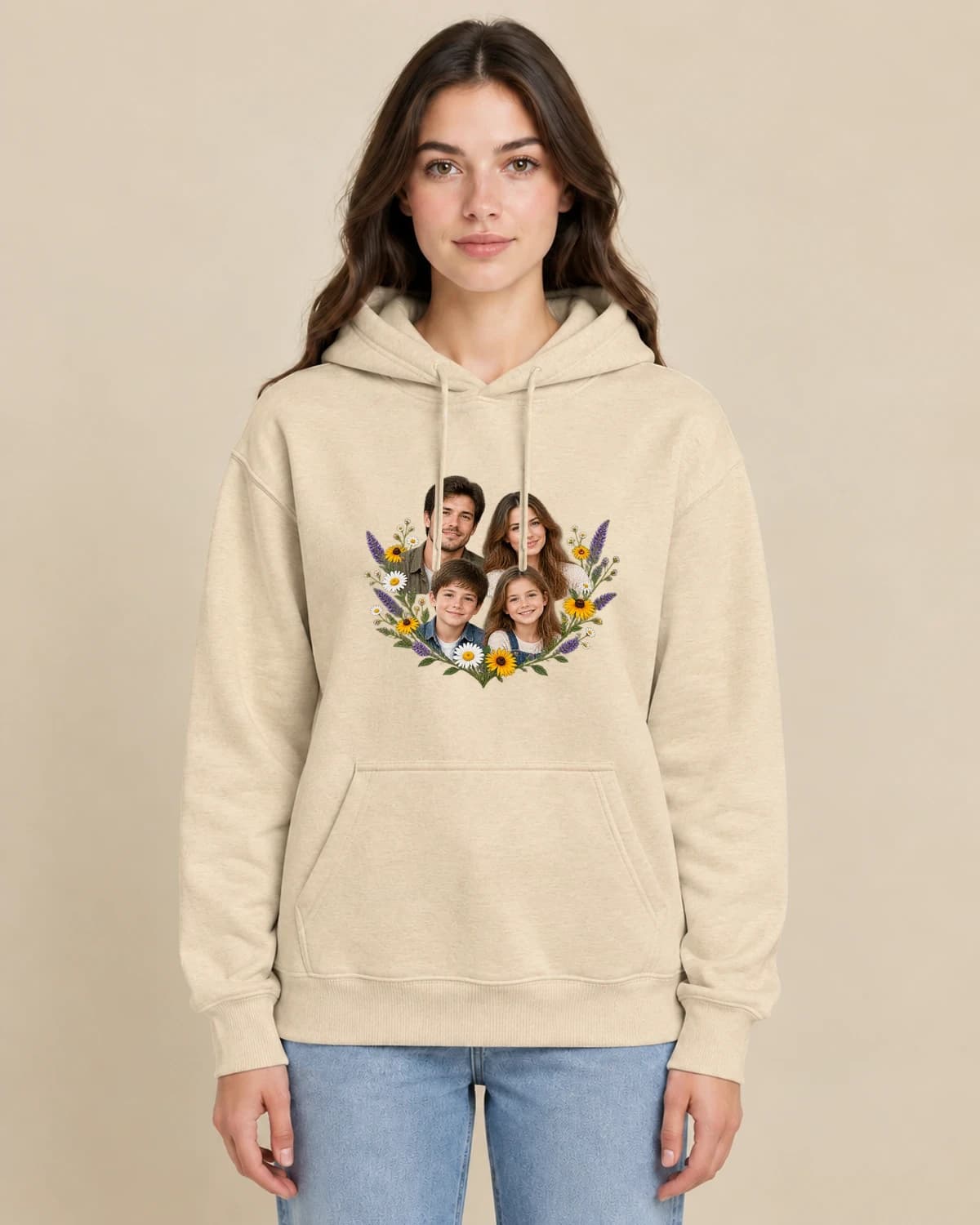 Four Wildflower Stories on a woman wearing the classic unisex pullover; illustrative styling