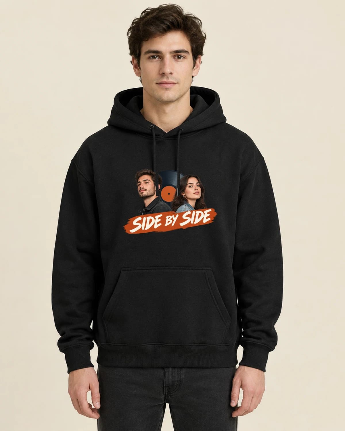 Our Vinyl Side, men's styling of the same unisex hoodie
