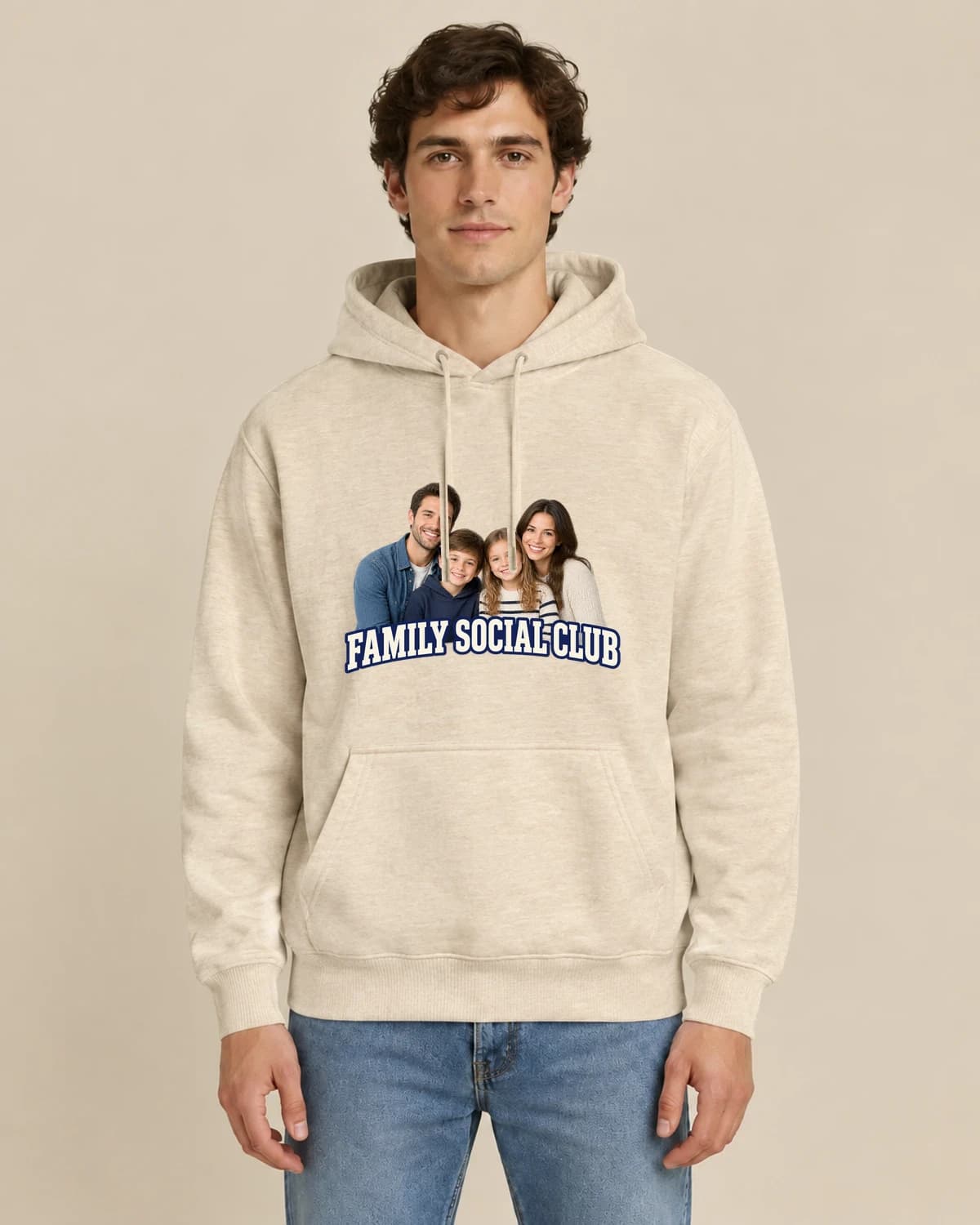 Family Four Social, men's styling of the same unisex hoodie