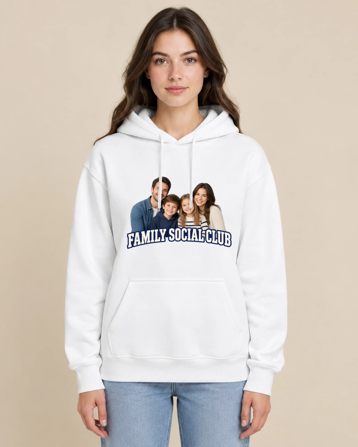 Family Four Social on a woman wearing the classic unisex pullover; illustrative styling