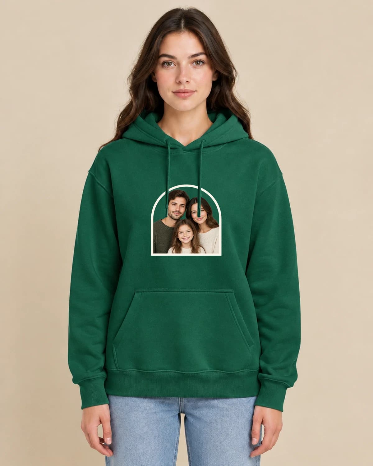 Family Quiet Arch on a woman wearing the classic unisex pullover; illustrative styling