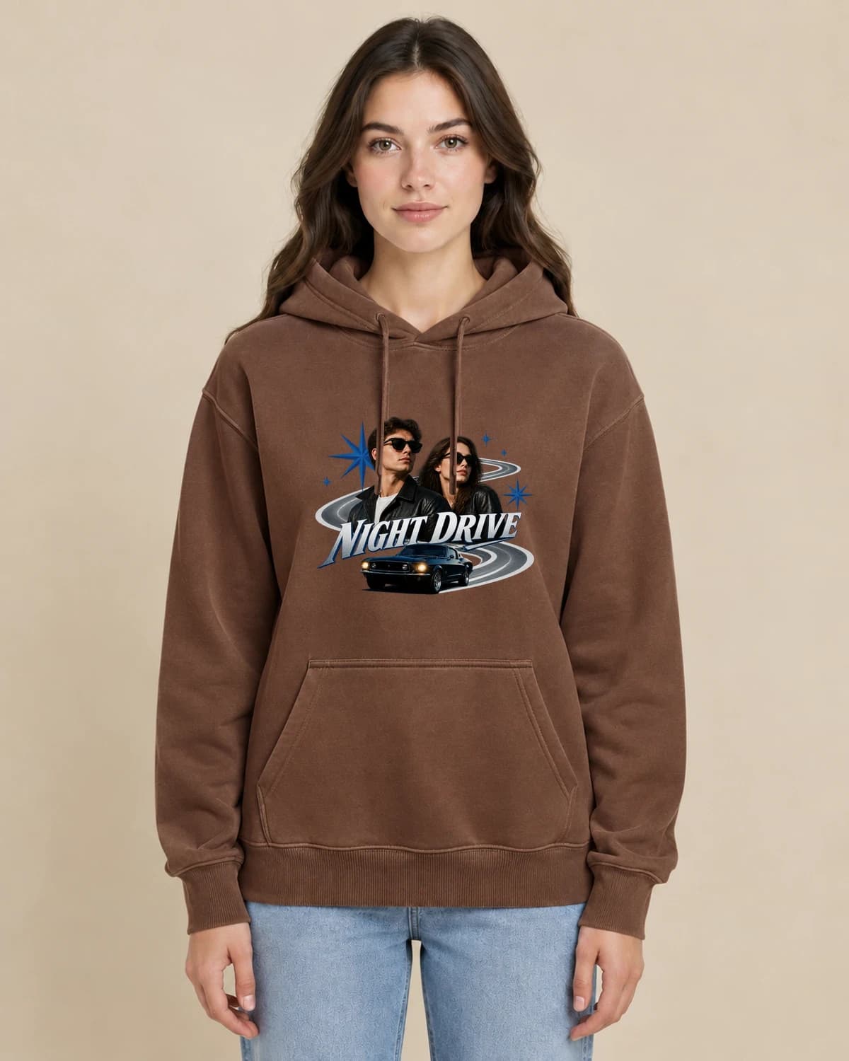 Night Drive Lovers on a woman wearing the classic unisex pullover; illustrative styling