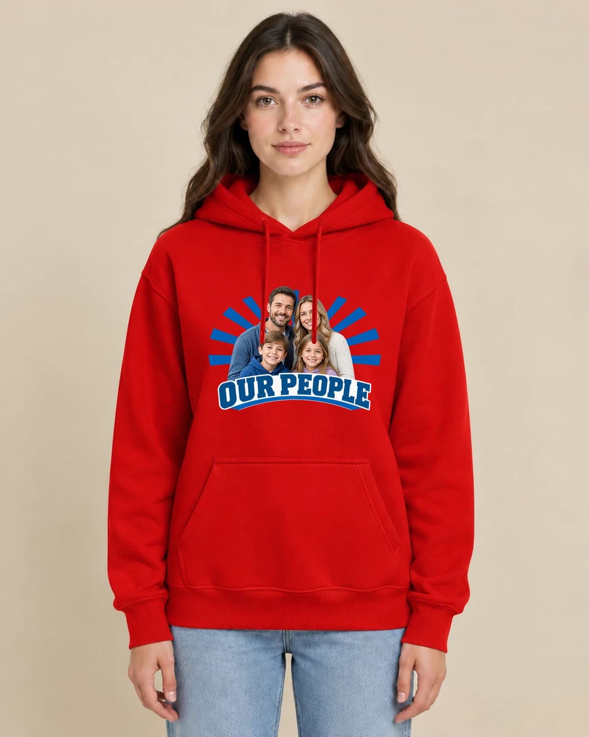 Four On Tour on a woman wearing the classic unisex pullover; illustrative styling