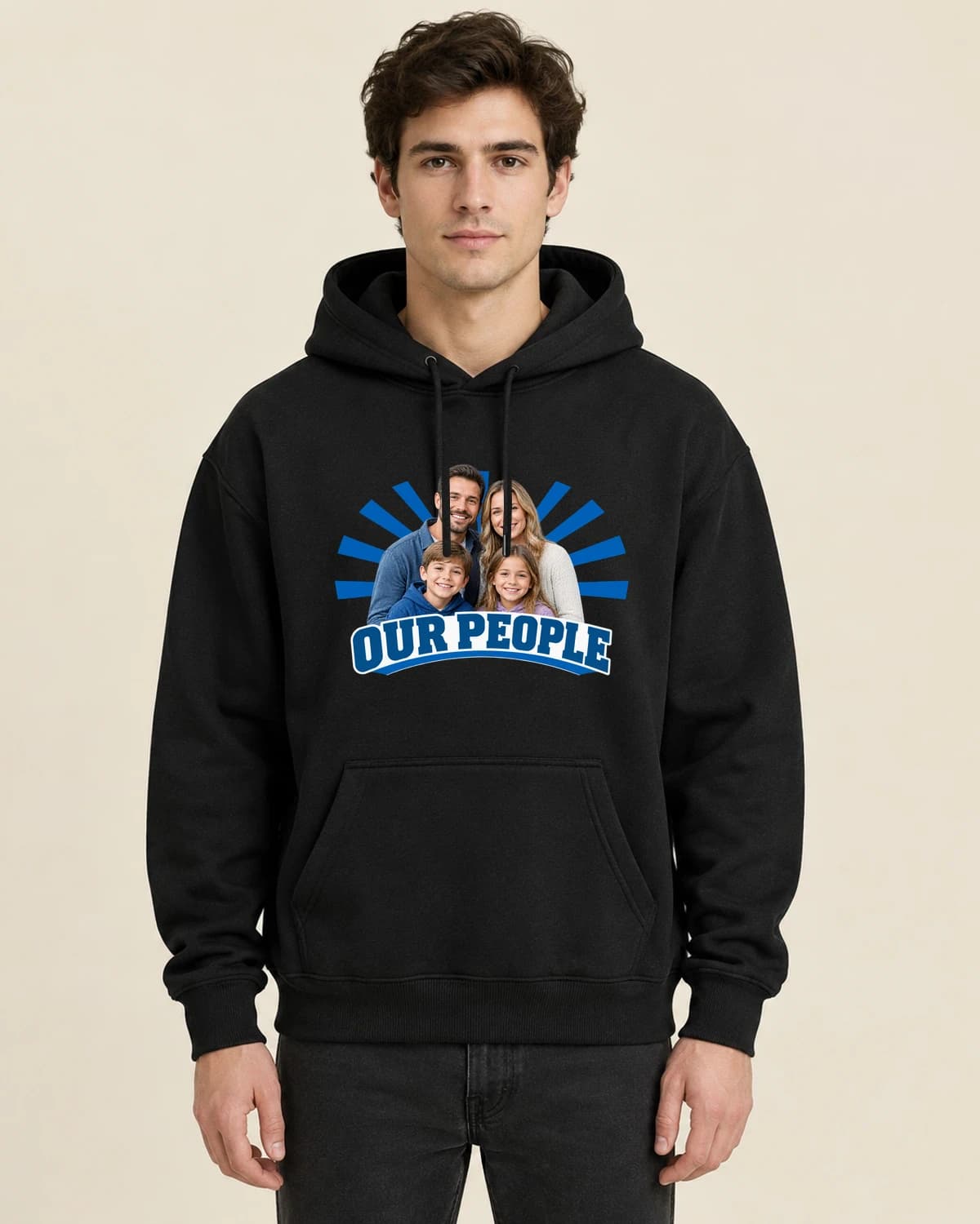 Four On Tour, men's styling of the same unisex hoodie