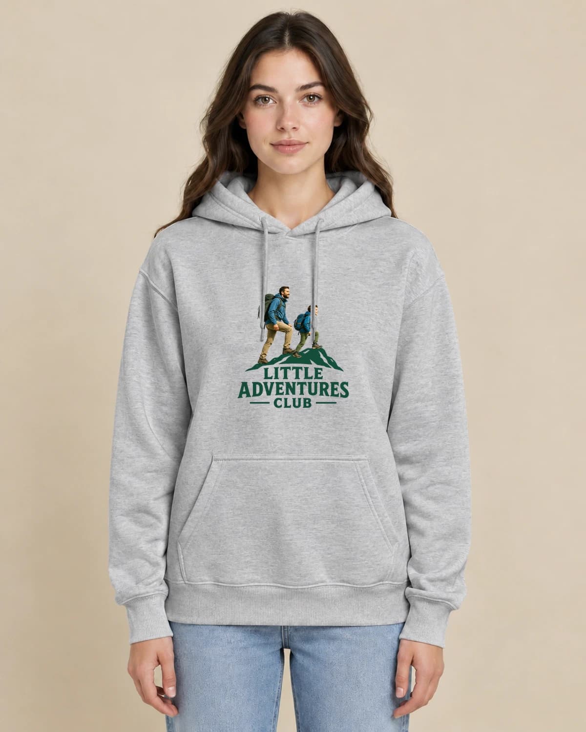 Father Child Trail on a woman wearing the classic unisex pullover; illustrative styling