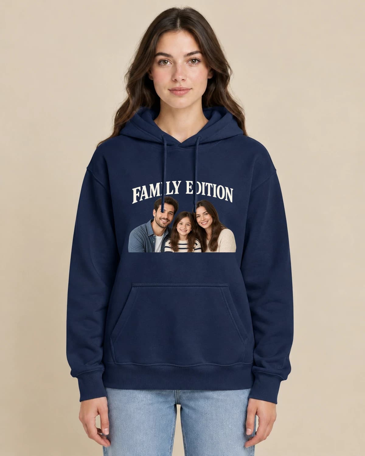 Custom family photo hoodies, illustrated on a woman wearing the classic unisex pullover