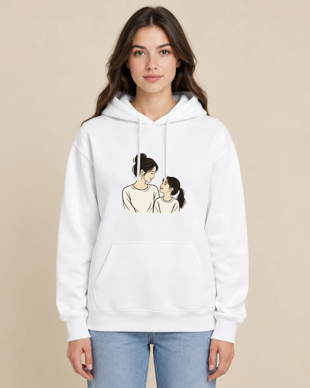 Parent Child Contour on a woman wearing the classic unisex pullover; illustrative styling