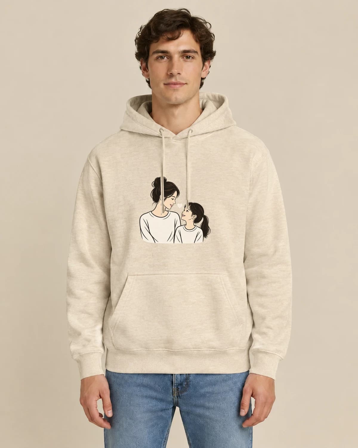 Quiet line art: Parent Child Contour hoodie design; Khaki styling