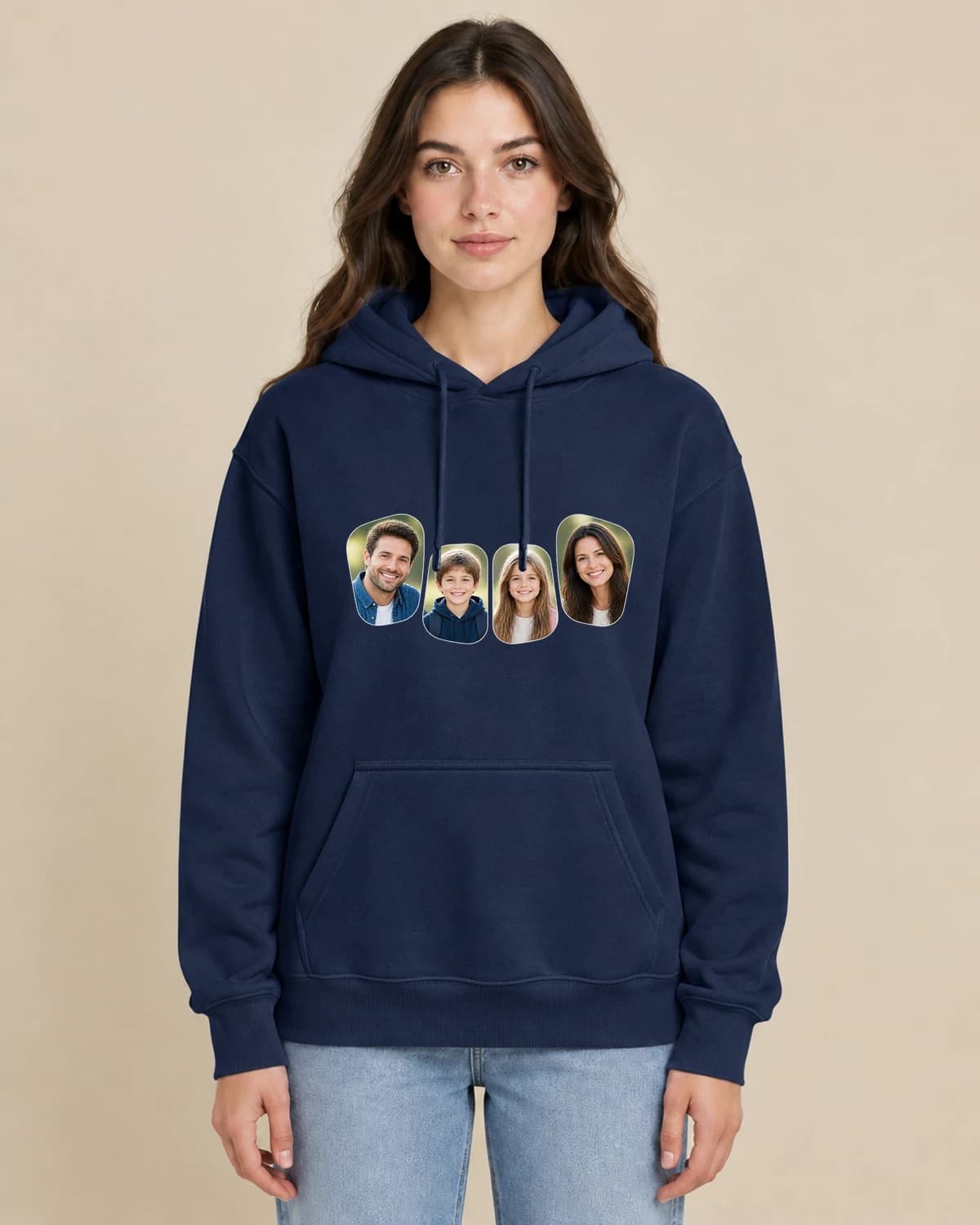 Four Quiet Windows on a woman wearing the classic unisex pullover; illustrative styling