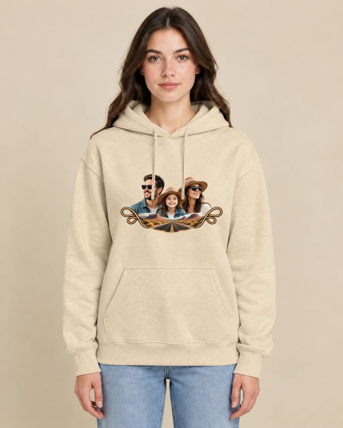 Family Road Memories on a woman wearing the classic unisex pullover; illustrative styling