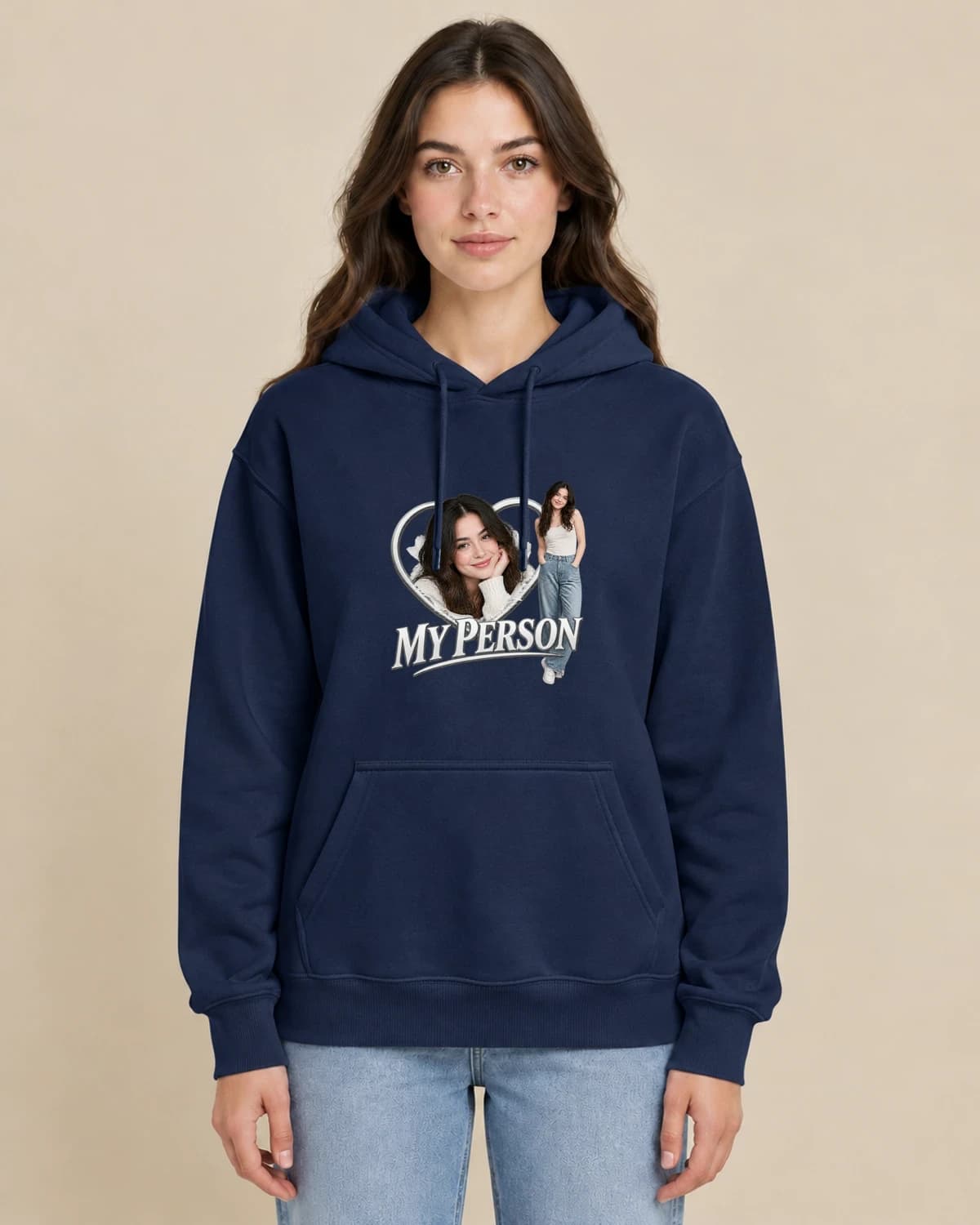 Personalized Photo Hoodies, Styled on Women: My Person Fanclub hoodie design; Navy Blue styling