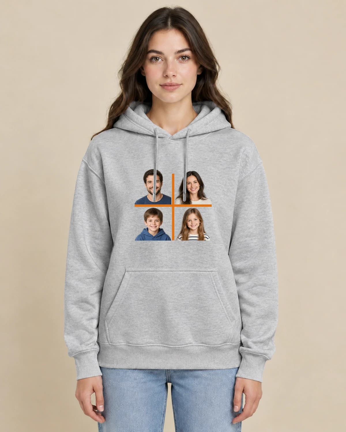 Four Faces Home on a woman wearing the classic unisex pullover; illustrative styling