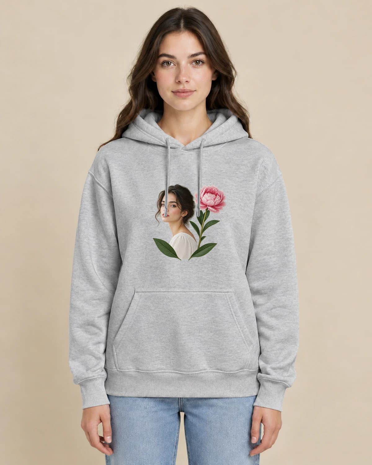 Portrait In Bloom on a woman wearing the classic unisex pullover; illustrative styling