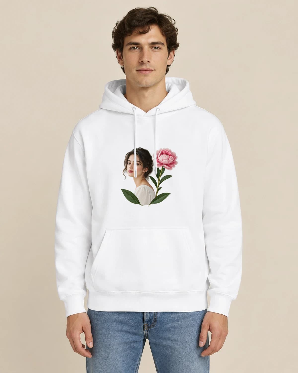 Portrait In Bloom, men's styling of the same unisex hoodie