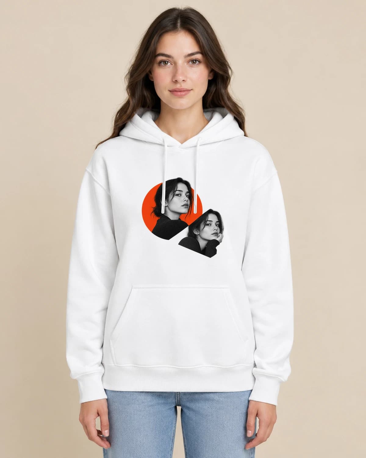 Analog Face Study on a woman wearing the classic unisex pullover; illustrative styling