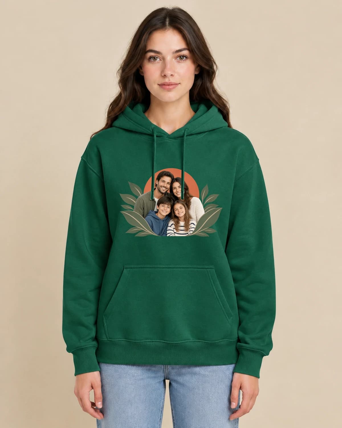 Home Team Four on a woman wearing the classic unisex pullover; illustrative styling
