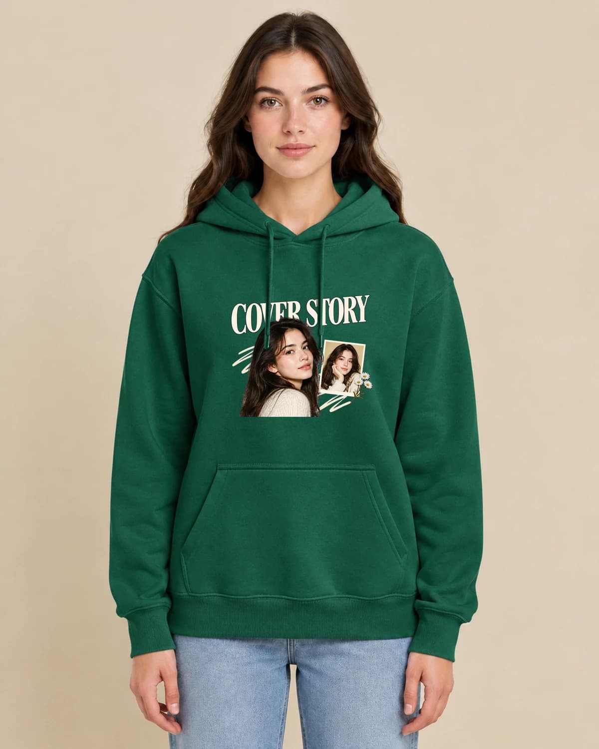 Personal Cover Story on a woman wearing the classic unisex pullover; illustrative styling