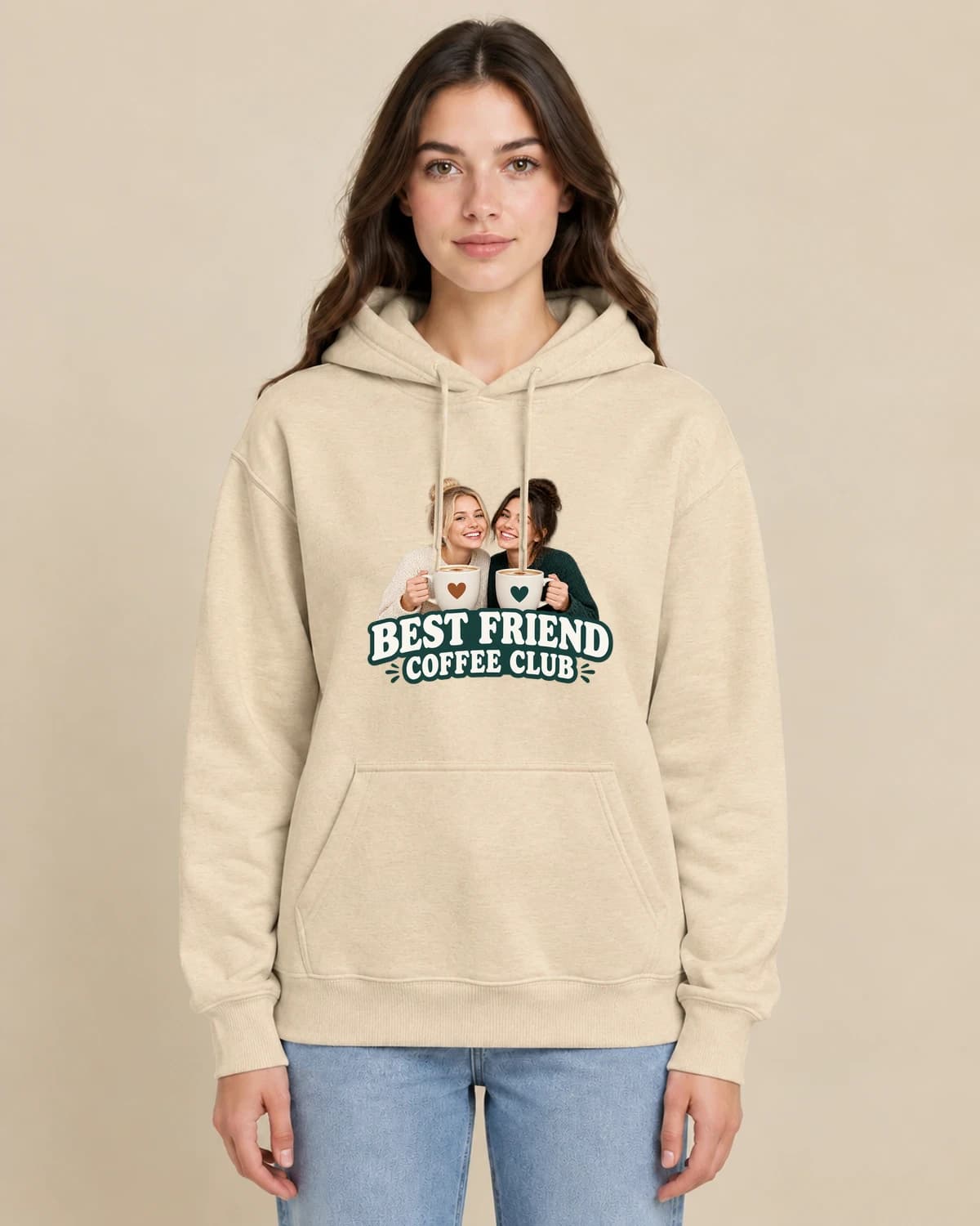 Best Friend Coffee on a woman wearing the classic unisex pullover; illustrative styling
