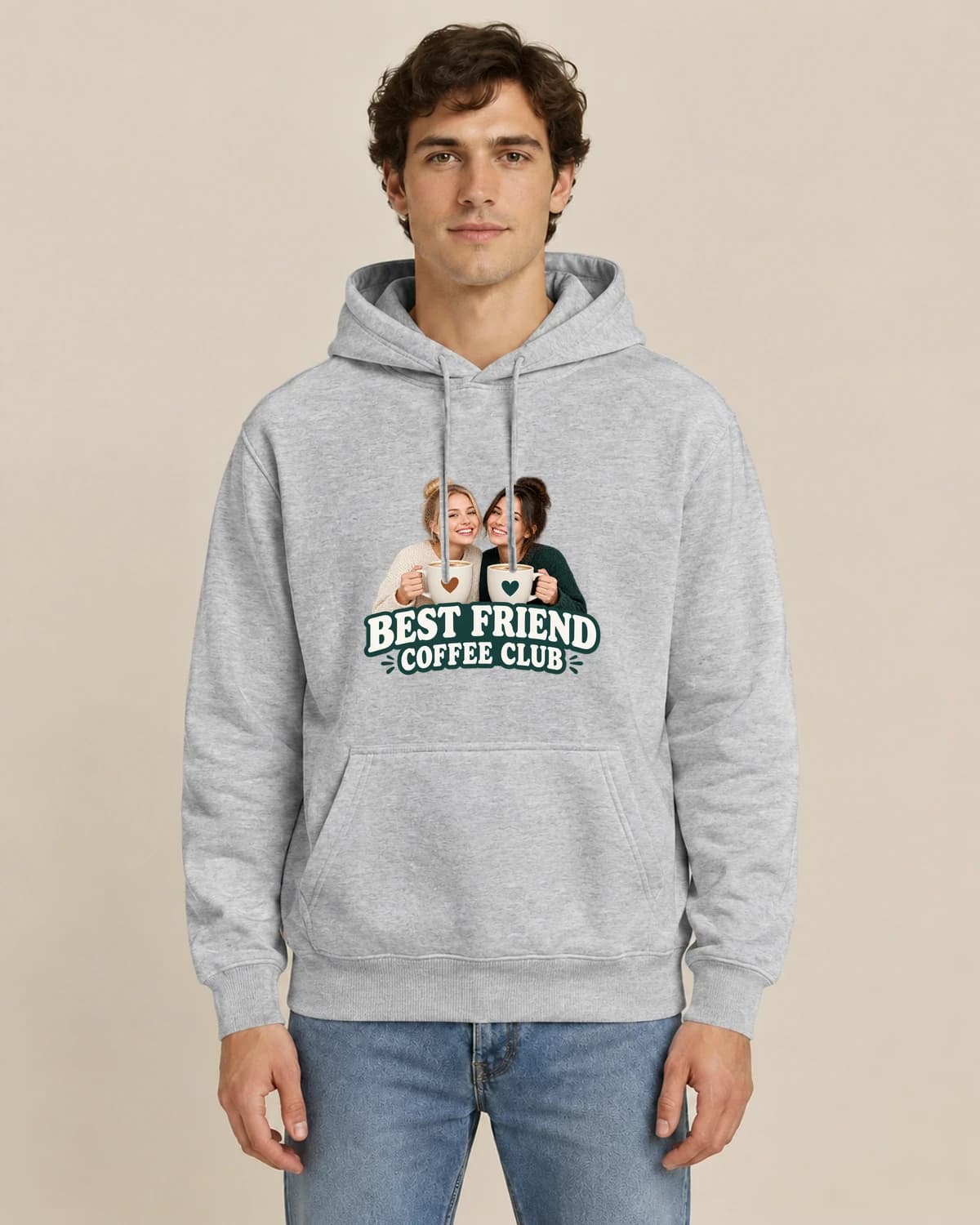 Best Friend Coffee, men's styling of the same unisex hoodie