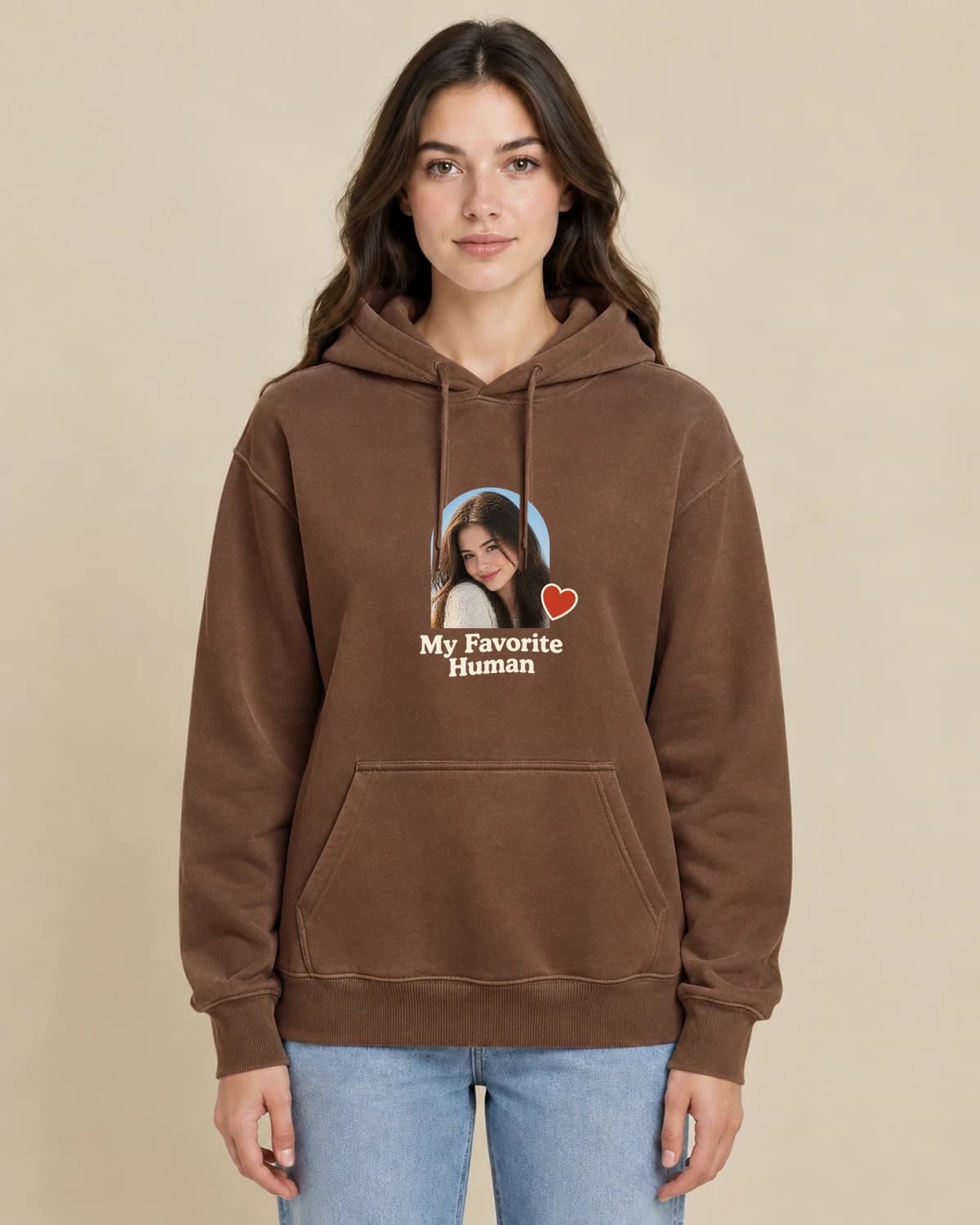 My Favorite Human on a woman wearing the classic unisex pullover; illustrative styling