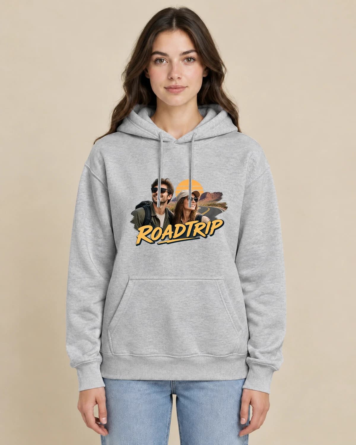 Roadtrip Companions on a woman wearing the classic unisex pullover; illustrative styling