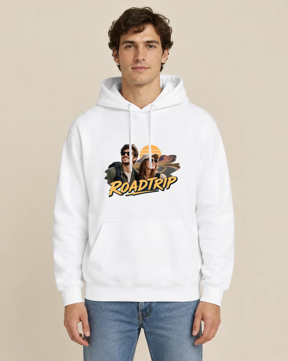 Main-character merch: Roadtrip Companions hoodie design; White styling